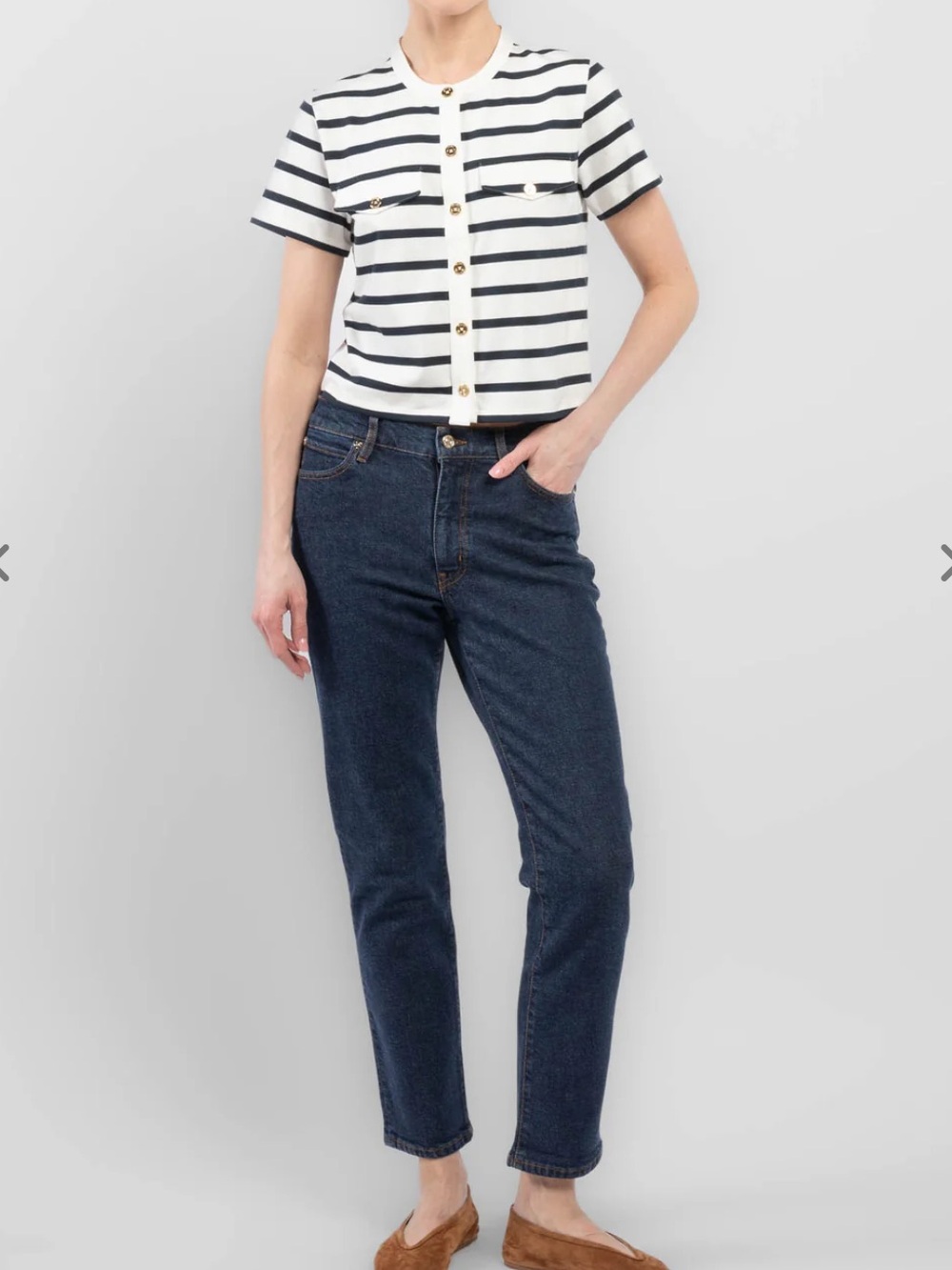 Frame Cotton Jersey Stripe Button Up Top, White/Black,